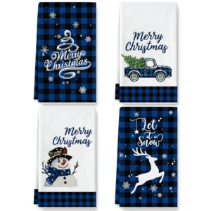 anydesign 4 pack merry christmas kitchen towel 18 x 28 inch blue black buffalo plaids dish towel snowman truck xmas tree tea towel rustic hand drying towel for cooking baking