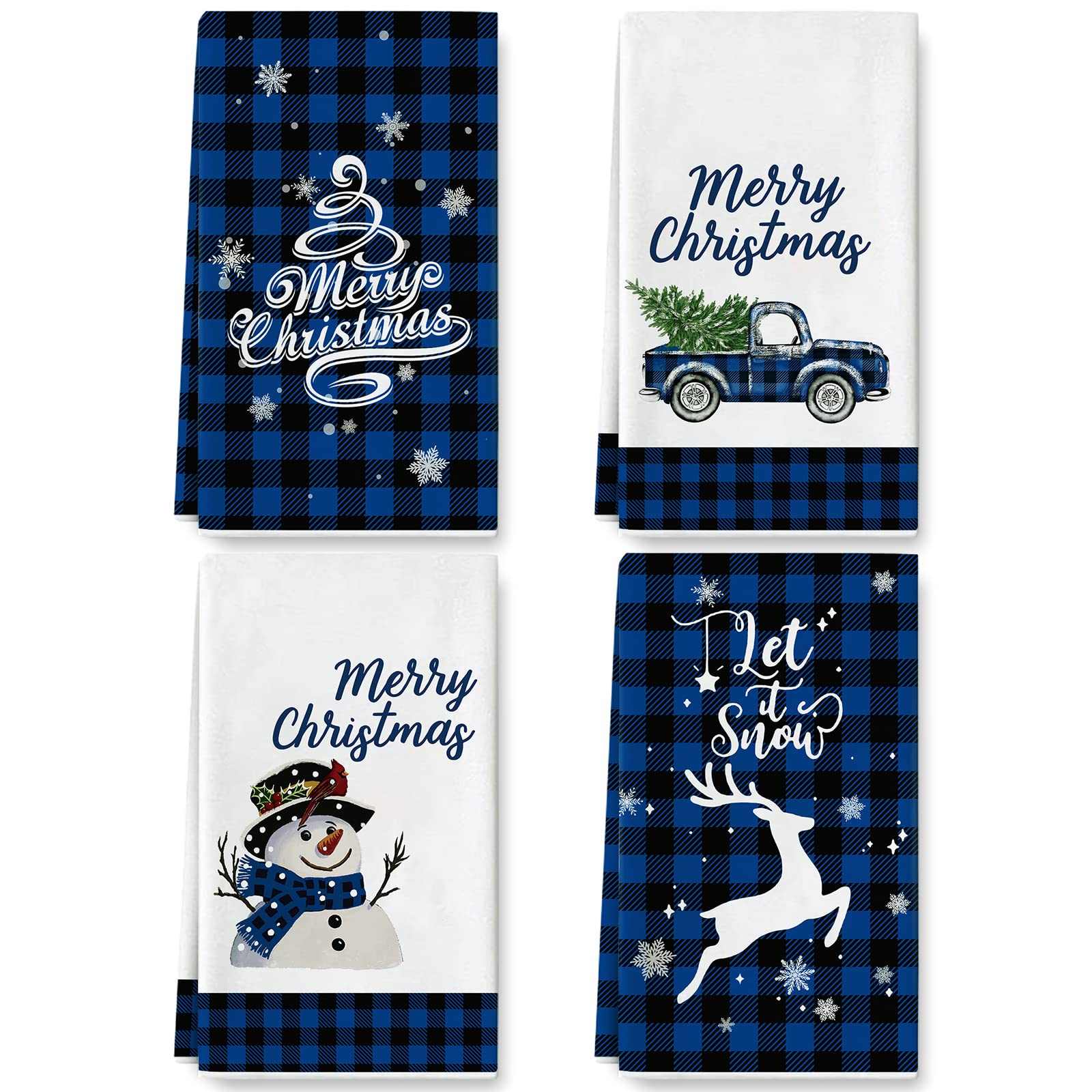 AnyDesign 4 Pack Merry Christmas Kitchen Towel 18 x 28 Inch Blue Black Buffalo Plaids Dish Towel Snowman Truck Xmas Tree Tea Towel Rustic Hand Drying Towel for Cooking Baking