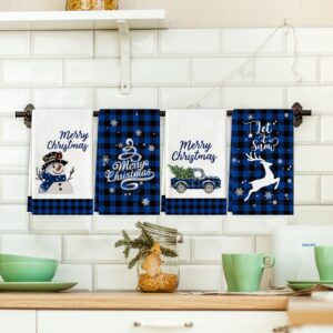 AnyDesign 4 Pack Merry Christmas Kitchen Towel 18 x 28 Inch Blue Black Buffalo Plaids Dish Towel Snowman Truck Xmas Tree Tea Towel Rustic Hand Drying Towel for Cooking Baking