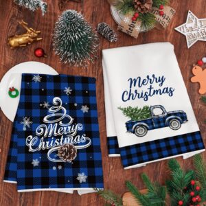 AnyDesign 4 Pack Merry Christmas Kitchen Towel 18 x 28 Inch Blue Black Buffalo Plaids Dish Towel Snowman Truck Xmas Tree Tea Towel Rustic Hand Drying Towel for Cooking Baking