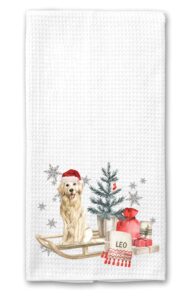 studio 9thirty3 personalized christmas dog on a sled kitchen waffle towel, breeds r-z, dog lover, housewarming, hostess, personalized gift (white towel, golden retriever)