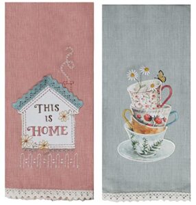 kay dee 2 piece cottage core kitchen tea towel bundle, this is home and stacked tea cups