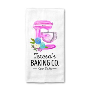 Personalized Baking Co. Kitchen Towel | Custom Waffle Weave Dish Towel | Personalized Kitchen Towel | Housewarming Gift | Wedding Gift | Housewarming Gift | Mixer Kitchen Towel | Baking Towel (Pink)