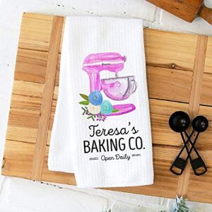 Personalized Baking Co. Kitchen Towel | Custom Waffle Weave Dish Towel | Personalized Kitchen Towel | Housewarming Gift | Wedding Gift | Housewarming Gift | Mixer Kitchen Towel | Baking Towel (Pink)