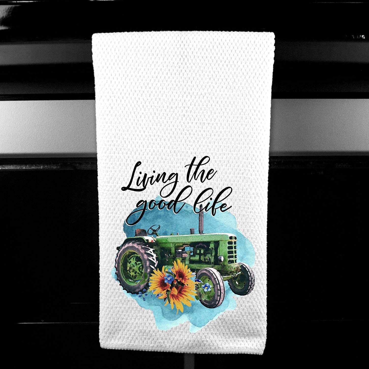 Living the Good Life Farmer Tractor Floral Farm Microfiber Tea Towel Kitchen Linen