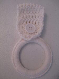 crocheted hanging dish towel holder - white