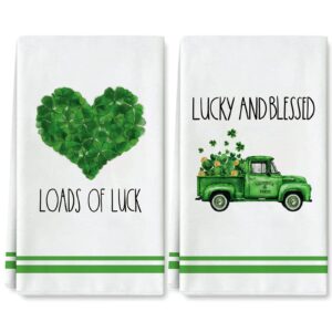 anydesign st. patrick's day kitchen towel green heart truck irish dish towel lucky and blessed hand drying tea towel for cooking baking cleaning wipes, 18 x 28 inch, set of 2
