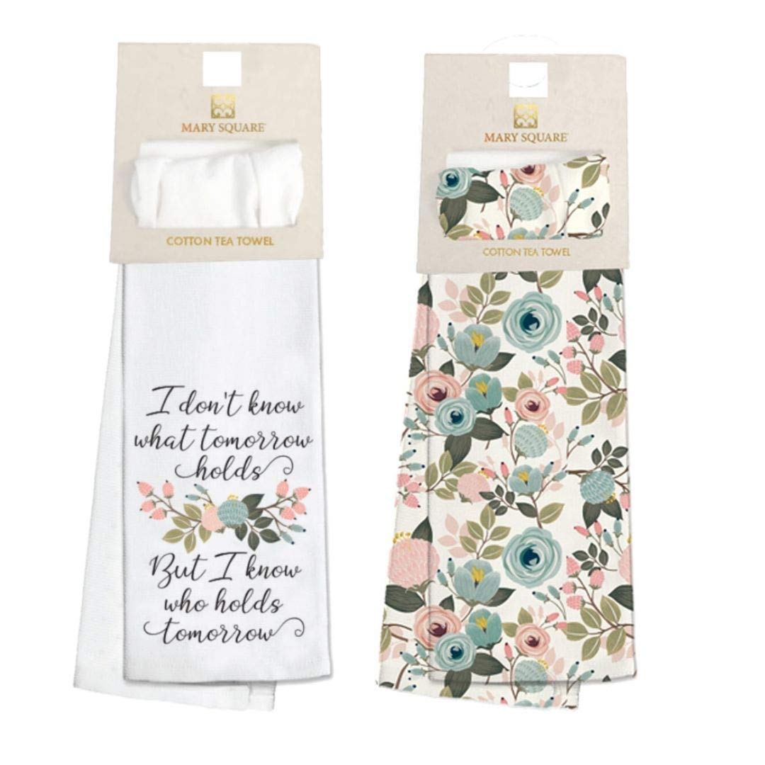 Mary Square Set of Two Coordinating Kitchen Tea Towels I Don't Know What Tomorrow Holds, But I Know Who Holds Tomorrow Peach Floral Design Set for Home