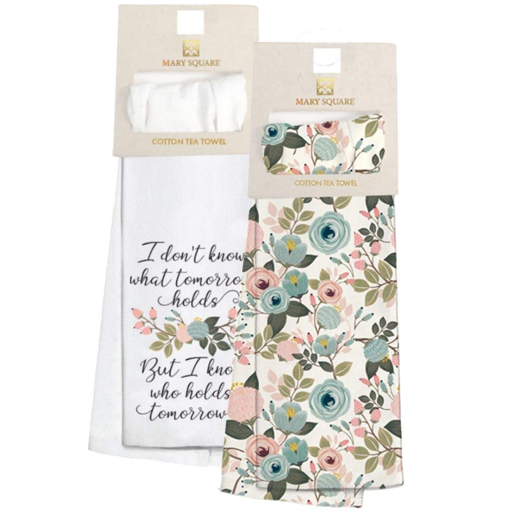 Mary Square Set of Two Coordinating Kitchen Tea Towels I Don't Know What Tomorrow Holds, But I Know Who Holds Tomorrow Peach Floral Design Set for Home