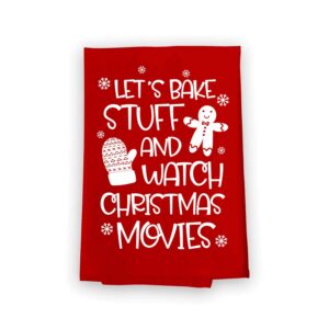 honey dew gifts, let's bake stuff and watch christmas movies, flour sack towel, 27 x 27 inch, made in usa, christmas kitchen towels, red hand towels, funny baking gifts, gingerbread man decor