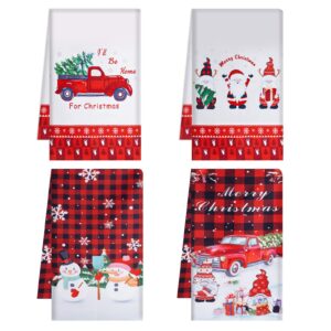 hoyuwak 4pcs christmas kitchen towels, merry christmas hand towels bathroom decor soft bufflo plaid snowmen gnomes dish towels for winter holiday(24 x 16inch)