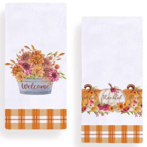 Buffalo Plaid Fall Pumpkin Autumn Flowers Kitchen Dish Towel 18 x 28 Inch Set of 2, Harvest Thanksgiving Holiday Tea Towels Dish Cloth for Cooking Baking