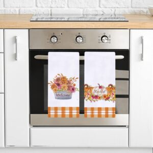 Buffalo Plaid Fall Pumpkin Autumn Flowers Kitchen Dish Towel 18 x 28 Inch Set of 2, Harvest Thanksgiving Holiday Tea Towels Dish Cloth for Cooking Baking