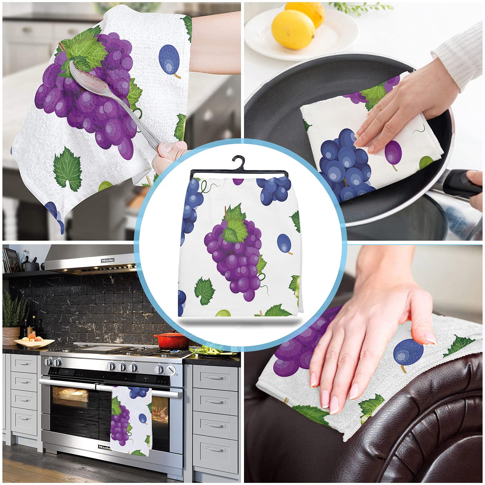 Big buy store Farm Grape Kitchen Dish Towels Set of 2, Soft Lightweight Microfiber Absorbent Hand Towel Purple Green Fruit Tea Towel for Kitchen Bathroom 18x28in