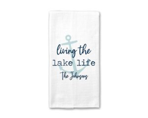 canary road personalized lake house kitchen towel, personalized lake house tea towel, family name, lake house hand towel, lake house gift, kitchen decor