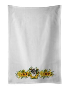 caroline's treasures ck2861wtkt american akita in sunflowers white kitchen towel set of 2 dish towels decorative bathroom hand towel for hand, face, hair, yoga, tea, dishcloth, 19 x 25, white