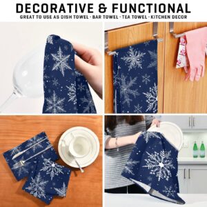 White Snowflakes Winter Doodle Kitchen Dish Towel Set of 4, Blue Christmas 18x28in Absorbent Dishcloth Reusable Cleaning Cloths for Household Use