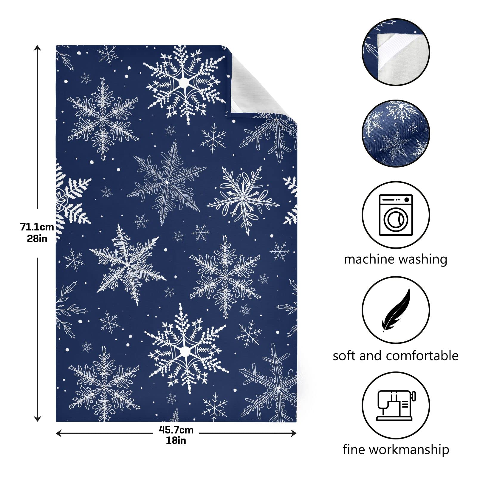 White Snowflakes Winter Doodle Kitchen Dish Towel Set of 4, Blue Christmas 18x28in Absorbent Dishcloth Reusable Cleaning Cloths for Household Use