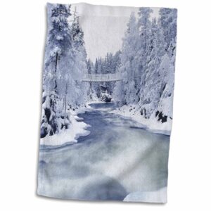 3d rose winter scene-frozen river-snowy trees and bridge-white-gray-black hand/sports towel, 15 x 22