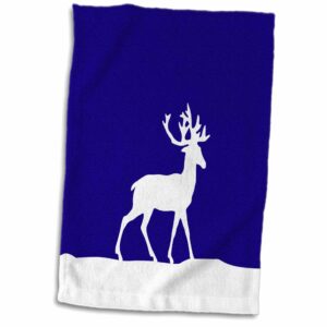 3D Rose Navy Blue Reindeer in The Snow-Modern White Deer with Antlers Silhouette-Wintery Christmas Xmas Hand/Sports Towel, 15 x 22