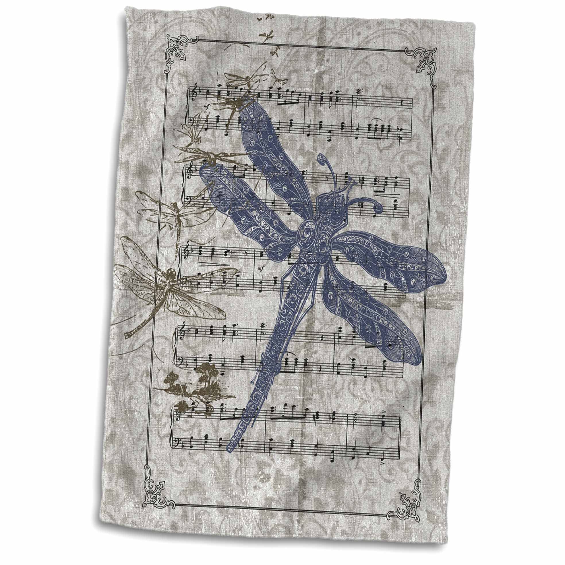 3D Rose Vintage Dragonflies On Sheet of Music Hand/Sports Towel, 15 x 22