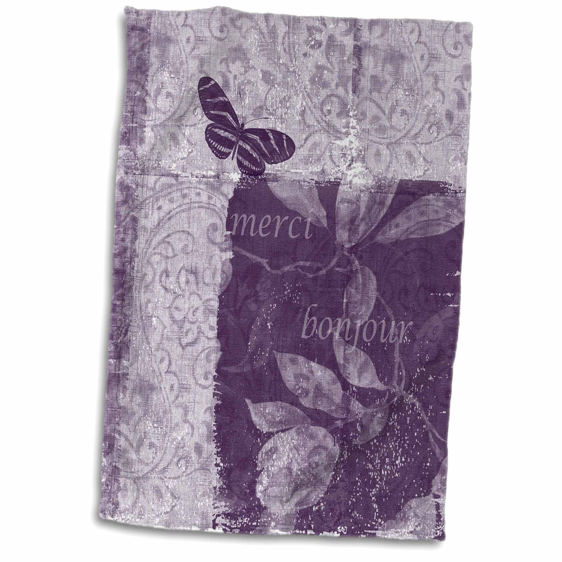 3D Rose Inspired Purple Butterfly French Bonjour Botanical TWL_63543_1 Towel, 15" x 22"