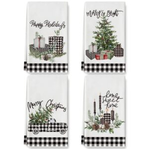 whaline christmas kitchen towel xmas tree truck gift box dish towel watercolor white black buffalo plaids hand drying tea towel for cooking baking, 4 pack, 18 x 28 inch