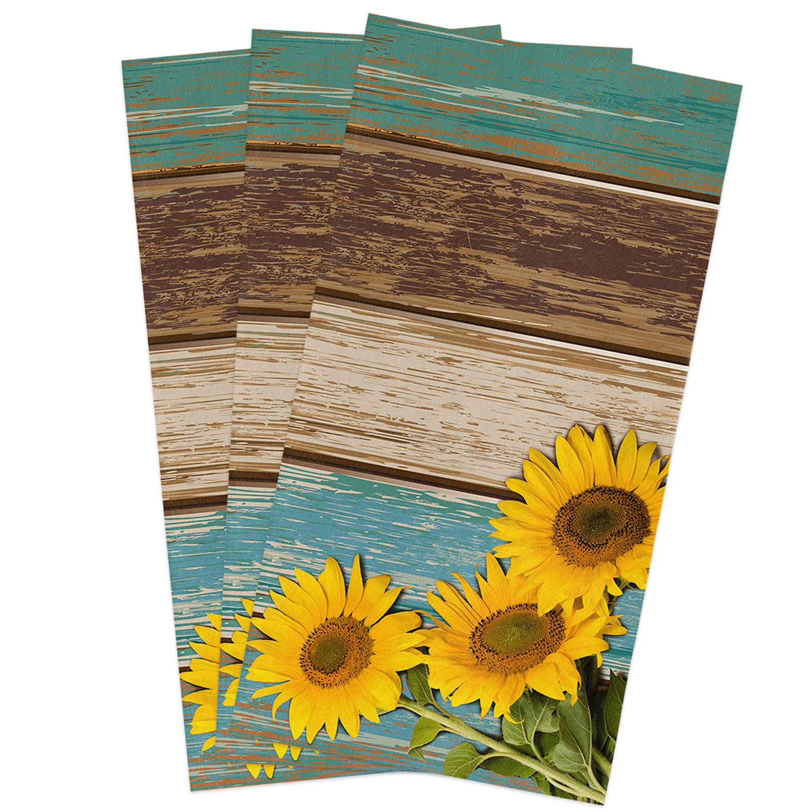 PIEPLE Farmhouse Blooming Sunflower Kitchen Towels - 3 Pack Microfiber Absorbent Dish Towels for Kitchen Retro Teal Brown Wood Grain Farmhouse Kitchen Hand Towels/Tea Towels/Bar Towels 18"x28"