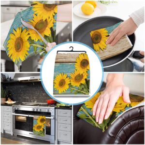 PIEPLE Farmhouse Blooming Sunflower Kitchen Towels - 3 Pack Microfiber Absorbent Dish Towels for Kitchen Retro Teal Brown Wood Grain Farmhouse Kitchen Hand Towels/Tea Towels/Bar Towels 18"x28"