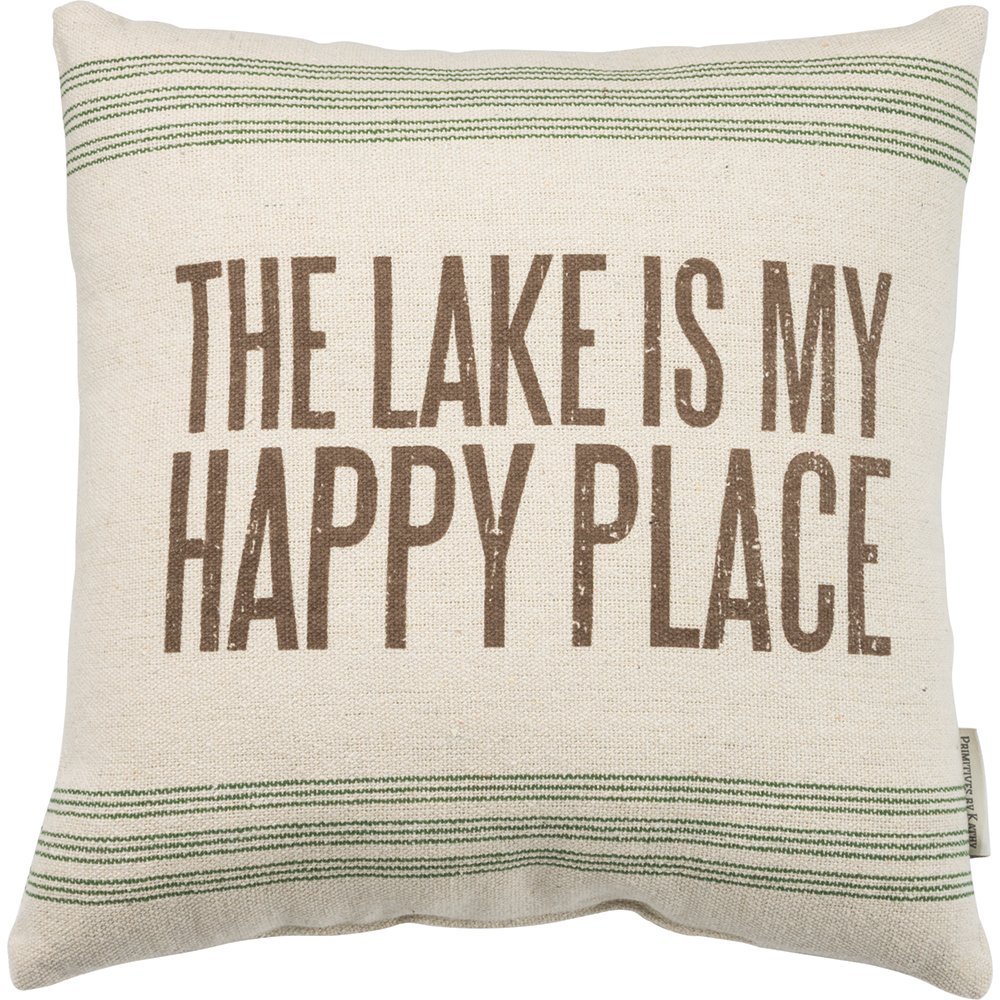 Primitives by Kathy 31049 Vintage Flour Sack Style The Lake is My Happy Place Throw Pillow, 15-Inch Square