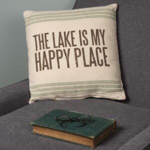 Primitives by Kathy 31049 Vintage Flour Sack Style The Lake is My Happy Place Throw Pillow, 15-Inch Square