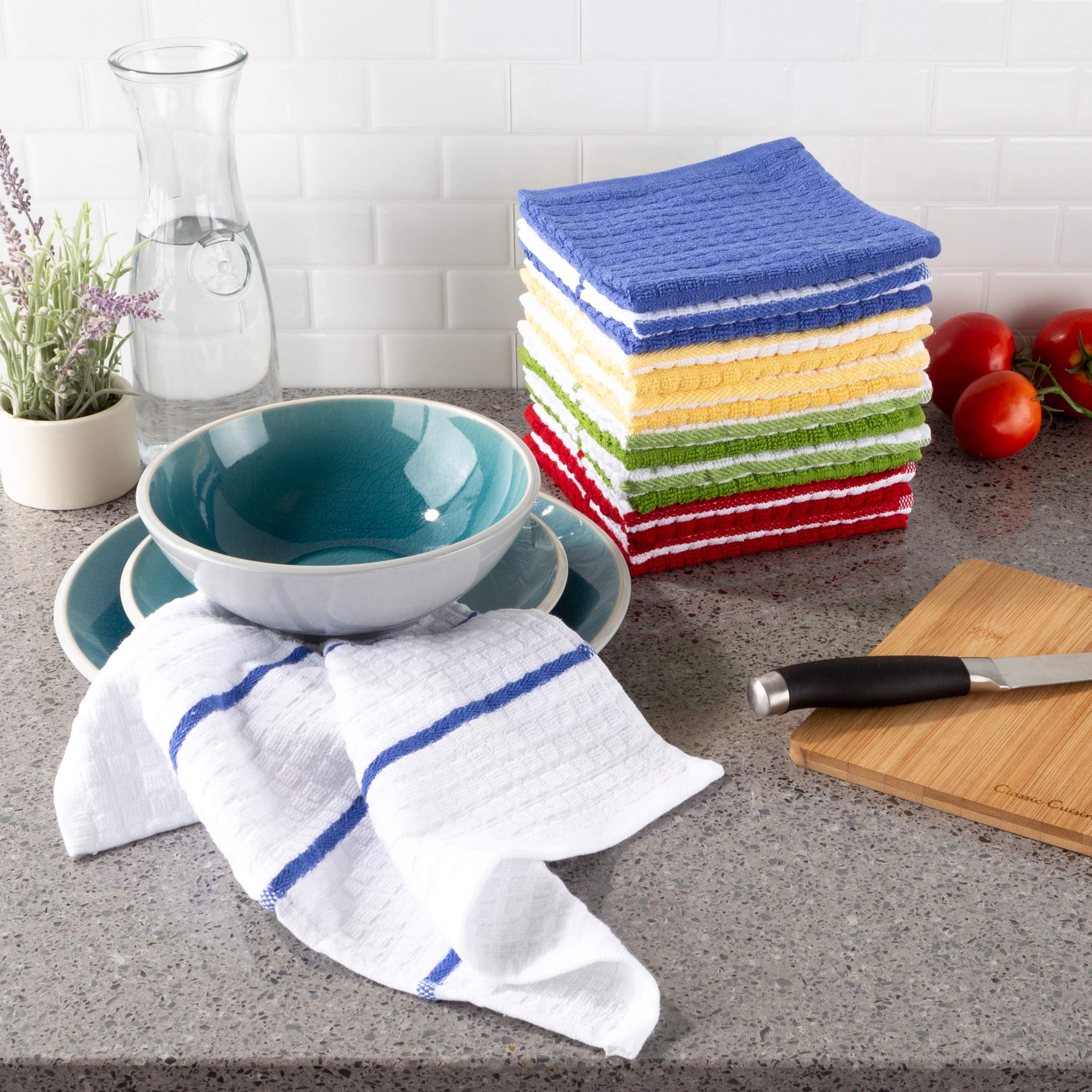 Bedford Home Set of 16 Kitchen Dish 12.5x12.5”-100% Cotton Wash Cloths-Waffle Weave in 4 Colors of Striped & Solids-Dishcloths for Cleaning by Lavish Home, Multiple