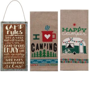 18th street gifts happy camper dish towels and camping rules sign - camper decor glamping accessories - rv decorations for inside camper