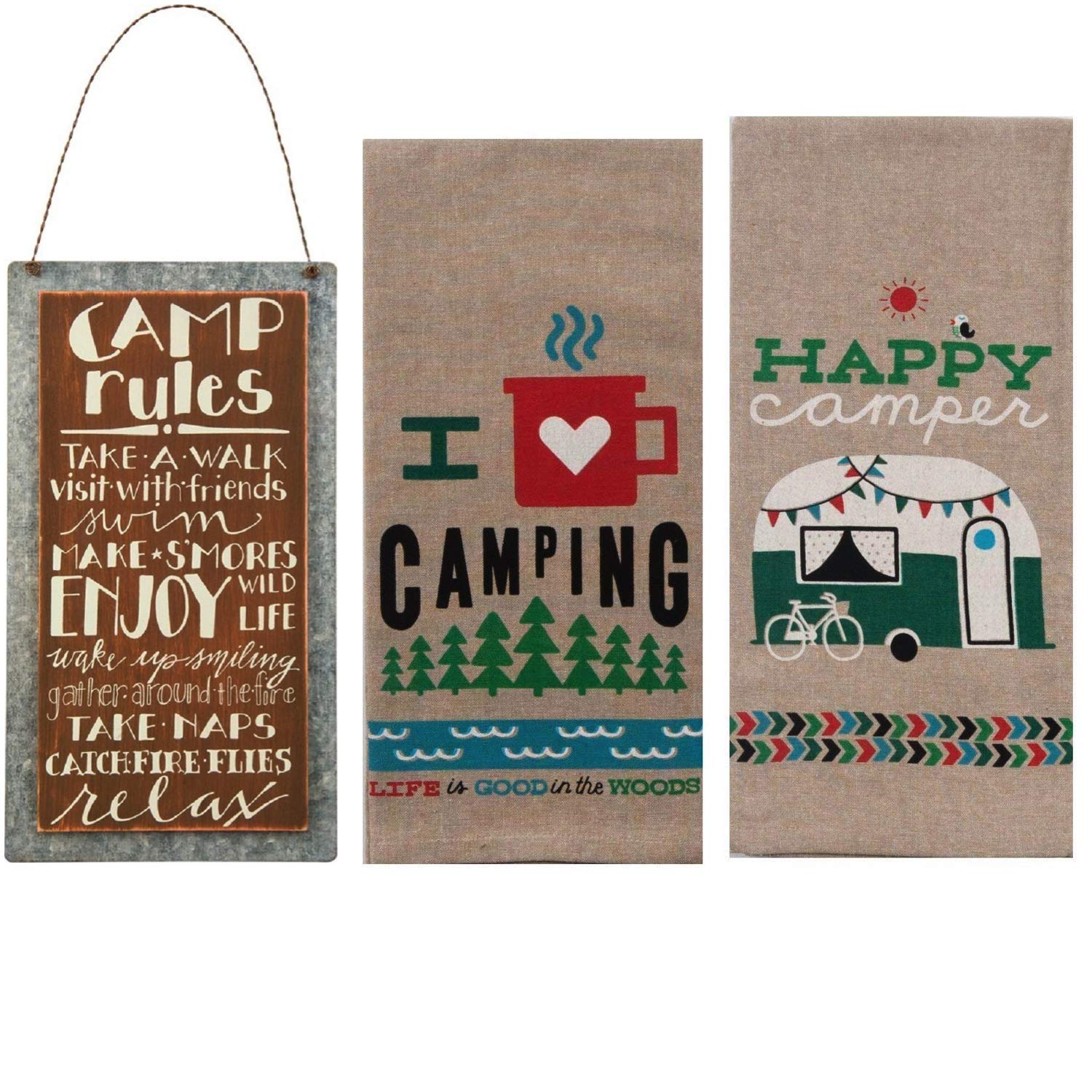 18th Street Gifts Happy Camper Dish Towels and Camping Rules Sign - Camper Decor Glamping Accessories - RV Decorations for Inside Camper