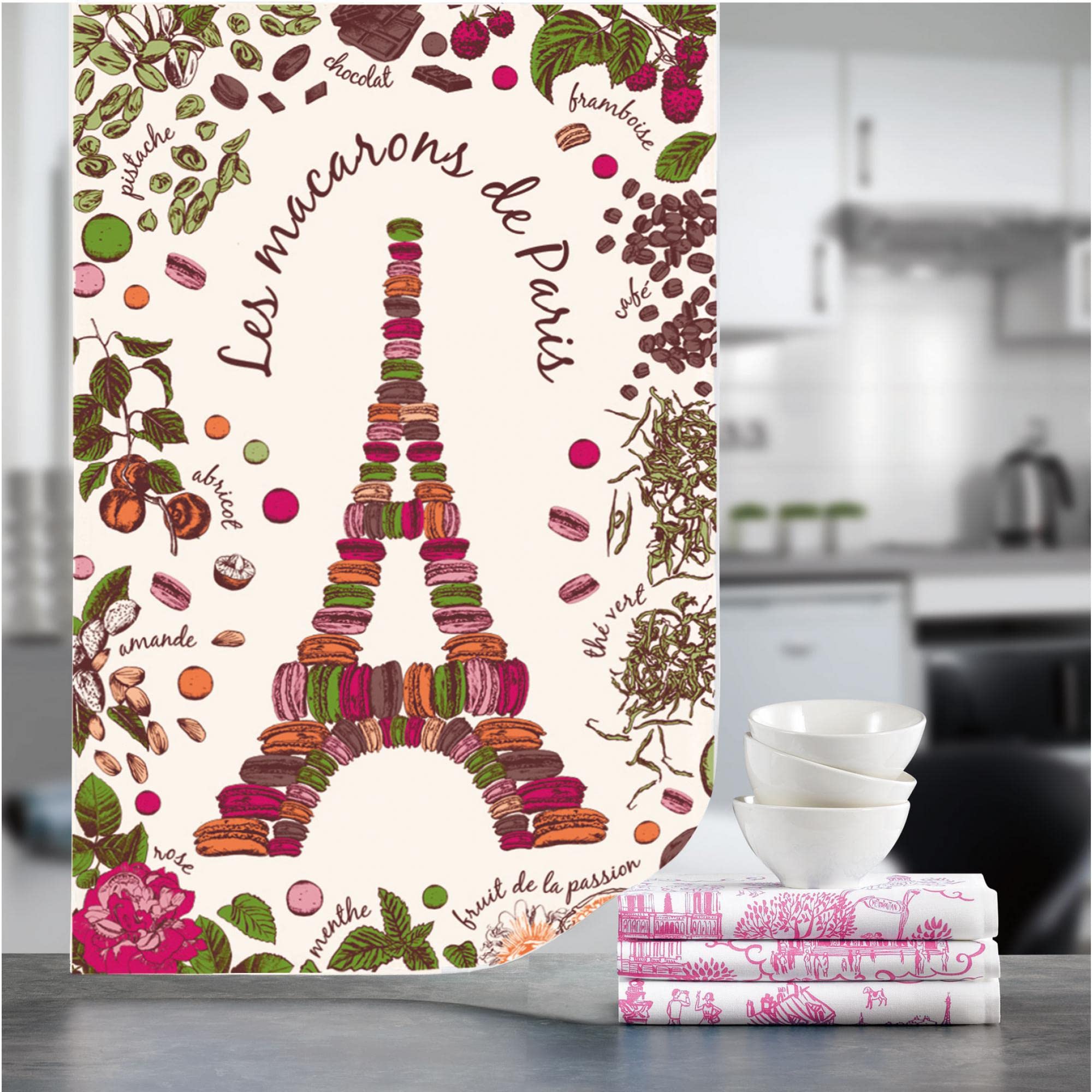 Torchons & Bouchons, Les Macarons de Paris (Eiffel Tower) Printed Kitchen / Tea Towel, 19" x 28", 100% Cotton, Made in France