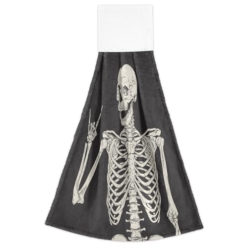 Halloween Human Skeleton Hanging Kitchen Towels 2 Pieces Skull Rock and Roll Dish Cloth Tie Towels Hand Towel Tea Bar Towels for Bathroom Farmhous Housewarming Tabletop Home Decor