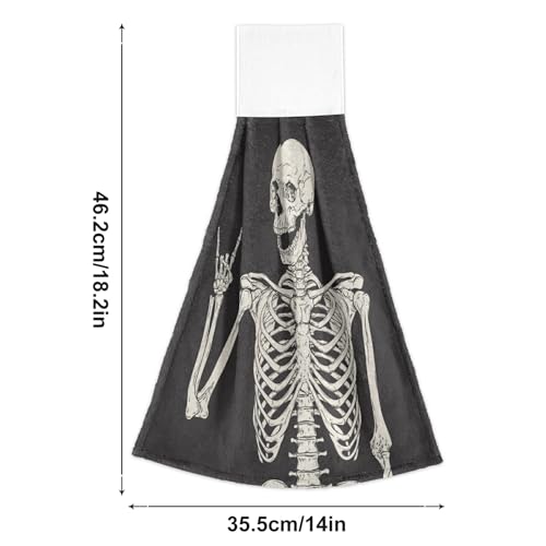 Halloween Human Skeleton Hanging Kitchen Towels 2 Pieces Skull Rock and Roll Dish Cloth Tie Towels Hand Towel Tea Bar Towels for Bathroom Farmhous Housewarming Tabletop Home Decor