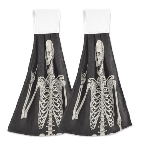 Halloween Human Skeleton Hanging Kitchen Towels 2 Pieces Skull Rock and Roll Dish Cloth Tie Towels Hand Towel Tea Bar Towels for Bathroom Farmhous Housewarming Tabletop Home Decor