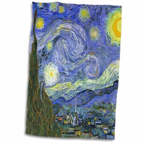 3D Rose The Starry Night by Vincent Van Gogh 1889-Famous Fine Art by Masters-Blue Swirly Swirling Sky Towel, 15" x 22"