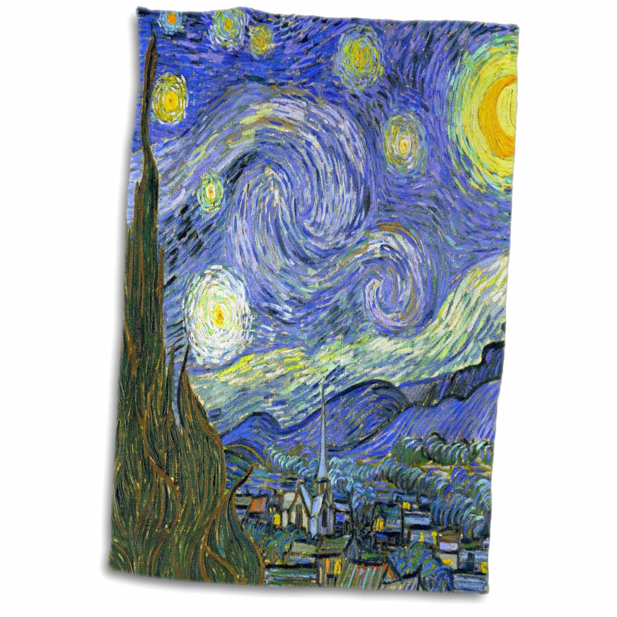 3D Rose The Starry Night by Vincent Van Gogh 1889-Famous Fine Art by Masters-Blue Swirly Swirling Sky Towel, 15" x 22"