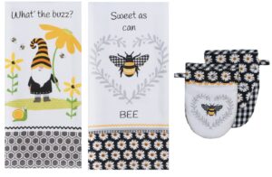 kay dee designs 4 piece save the gnomes and bees kitchen linen bundle, 2 dual purpose towels and 2 grabber mitts