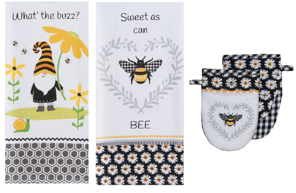 Kay Dee Designs 4 Piece Save the Gnomes and Bees Kitchen Linen Bundle, 2 Dual Purpose Towels and 2 Grabber Mitts