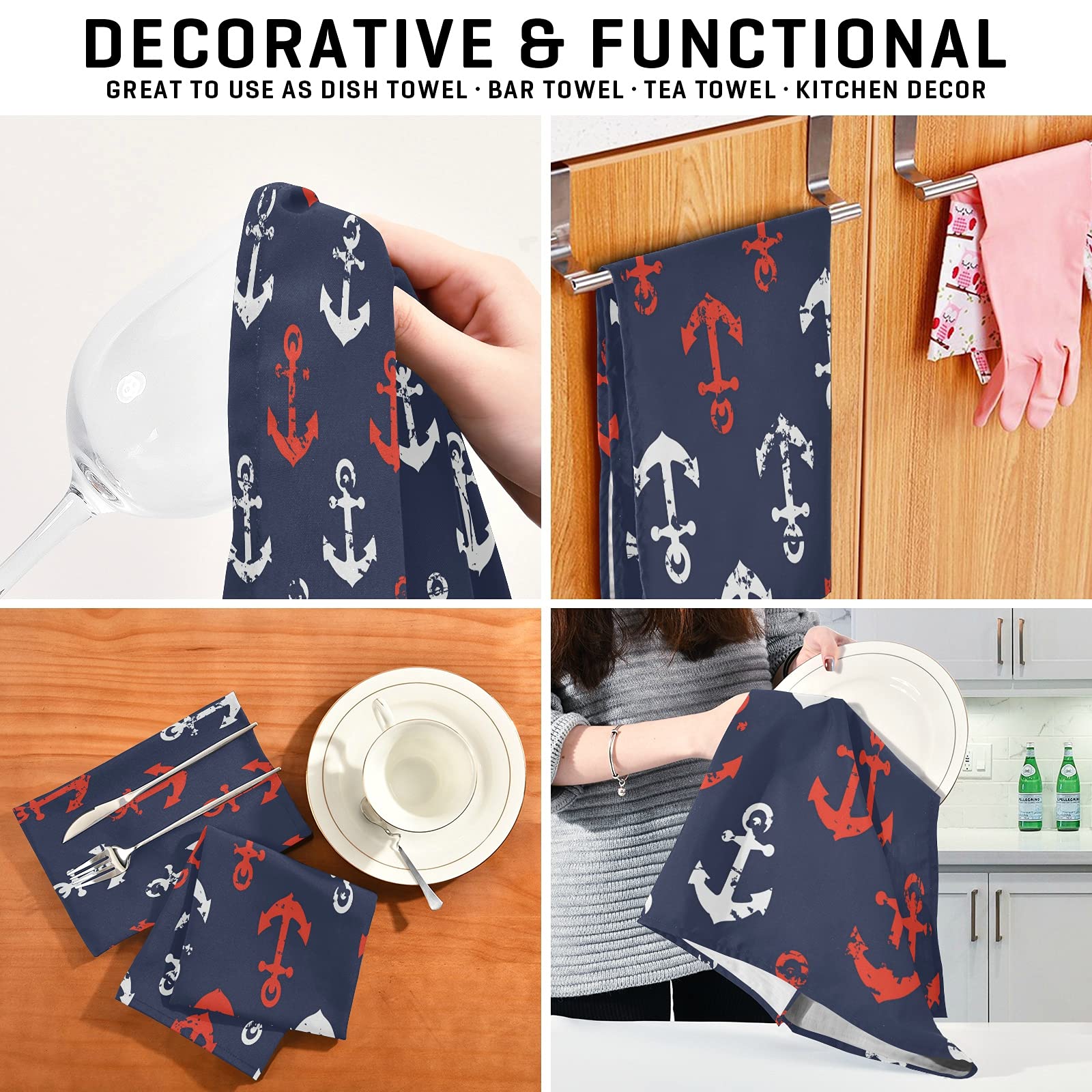 ALAZA Anchor Nautical Vintage Kitchen Towels Dish Bar Tea Towel Dishcloths 1 Pack Super Absorbent Soft 18 x 28 inches