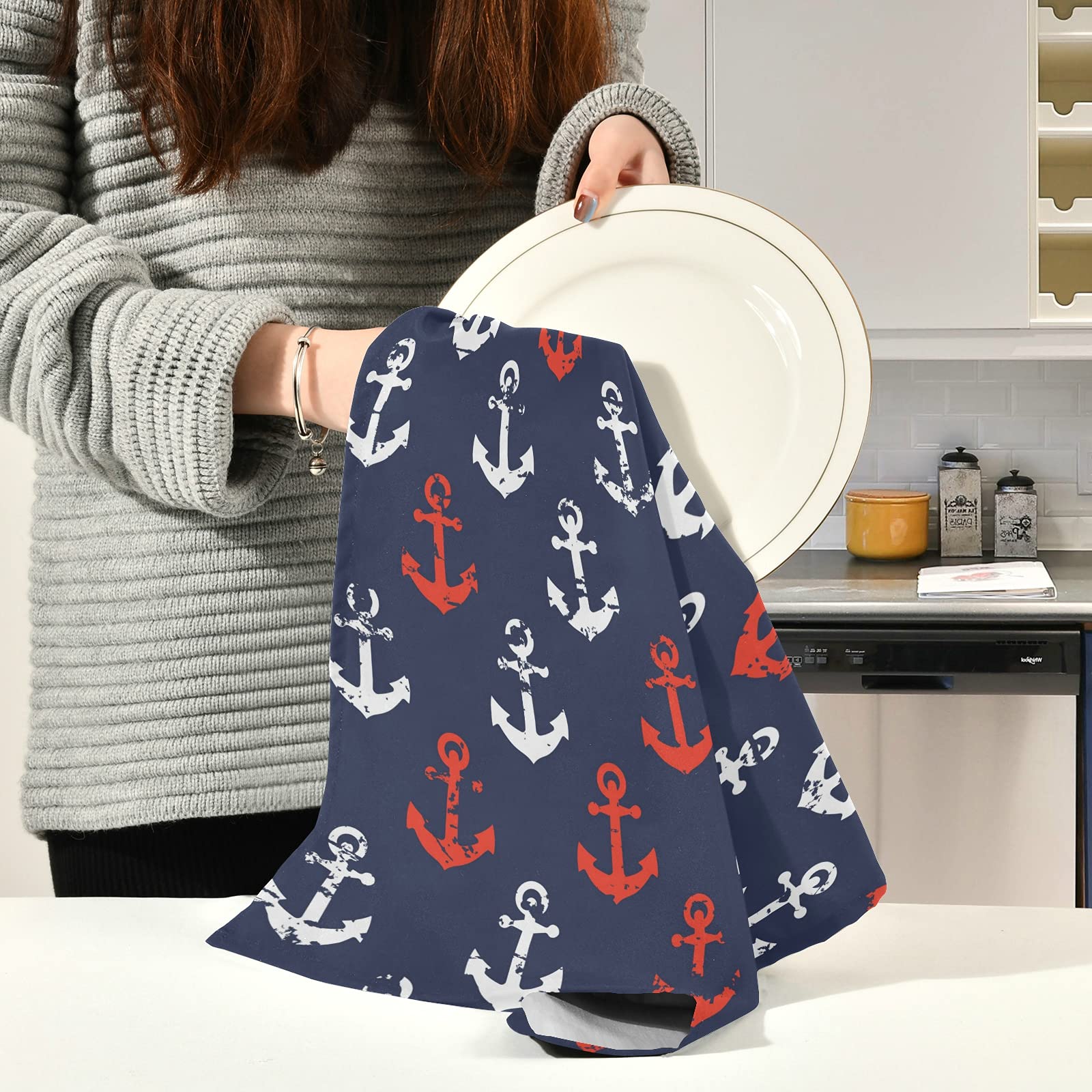 ALAZA Anchor Nautical Vintage Kitchen Towels Dish Bar Tea Towel Dishcloths 1 Pack Super Absorbent Soft 18 x 28 inches