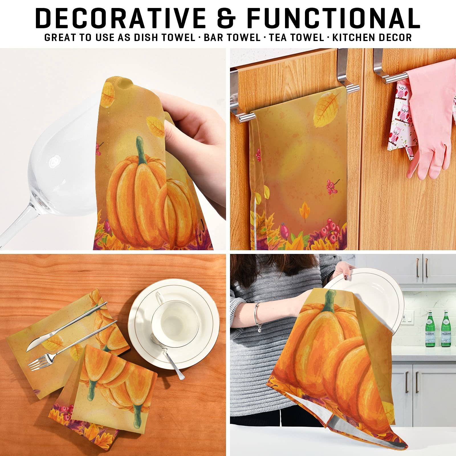 Fall Pumpkin Maple Leaves Dish Towel Cloth Happy Thanksgiving Day Harvest Autumn Kitchen Bath Hand Towel 18x28 Super Absorbent Lint Free Cleaning Cloths Tea Bar Soft Towel Kitchen Accessories Set of 1