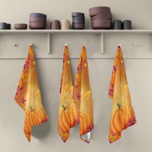 Fall Pumpkin Maple Leaves Dish Towel Cloth Happy Thanksgiving Day Harvest Autumn Kitchen Bath Hand Towel 18x28 Super Absorbent Lint Free Cleaning Cloths Tea Bar Soft Towel Kitchen Accessories Set of 1