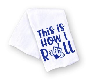 funny jewish holiday kitchen towel, this is how i roll, dreidel pun hanukkah jewish holiday gift for housewarming or hostess, handmade dish towel (this is how i roll)