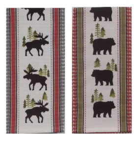 cabin lodge themed wilderness kitchen towels with bear and moose, 2 piece bundle