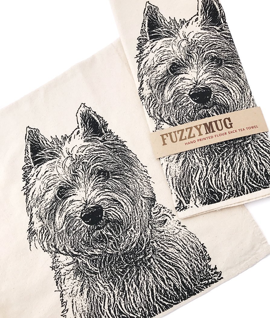 Westie, West Highland Terrier Tea Towel in Black - Hand Printed Flour Sack Tea Towel, Dish Towel, Kitchen Towel