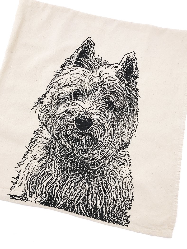 Westie, West Highland Terrier Tea Towel in Black - Hand Printed Flour Sack Tea Towel, Dish Towel, Kitchen Towel